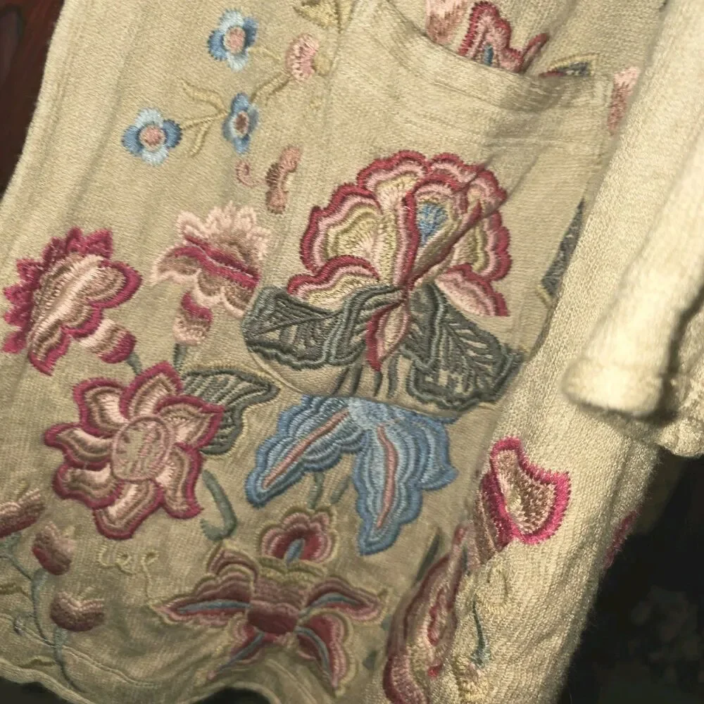 JOHNNY WAS BIYA Sz S Floral Embroidered Open Front Hood Cardigan Duster Sweater